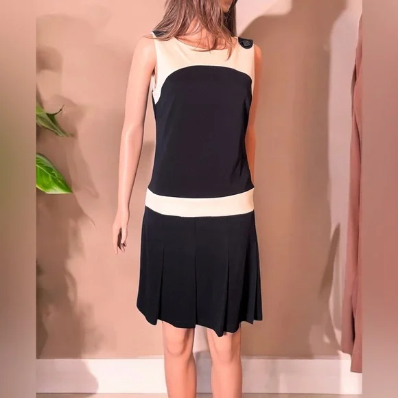 ABS Allen Schwartz Dress Size M Black Cream Pleated Y2K Shift Mini - Picture 2 of 10